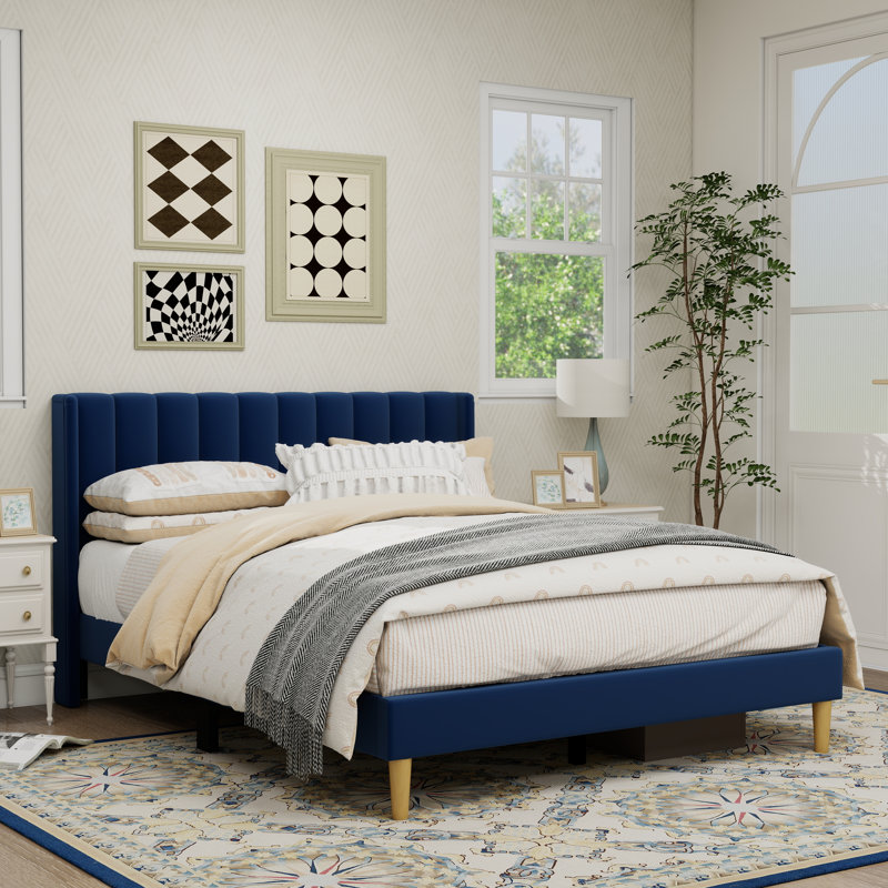 Structure de lit plateforme tapissier, Bleu, Grand