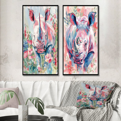 Ensemble de 2 pièces d'art mural rhinocéros rose et vert Wondering Meadows I
