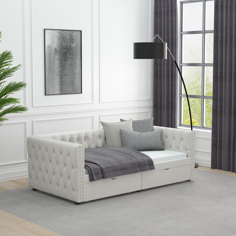 Twin Size Daybed With Drawers Upholstered Tufted Sofa Bed, With Button On Back And Copper Nail On Waved Shape Arms, Velvet