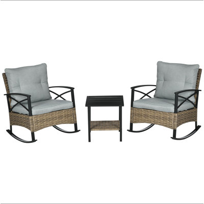 Outsunny Patio Rocking Chair Set, Outdoor Wicker Bistro Set with 2 Cushioned Porch Rockers and 2 Tier Coffee Table for Garden, Porch, Backyard by Rosecliff Heights