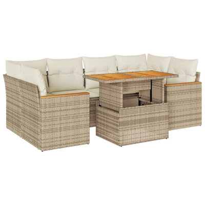  6 Piece Garden Sofa Set With Cushions Beige Poly Rattan Acacia
