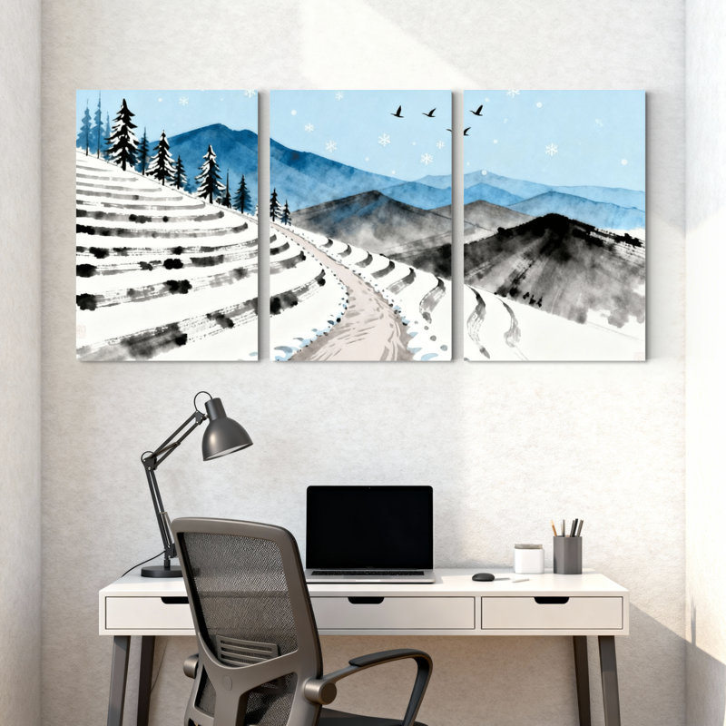 Paysage d'hiver avec paysage enneigé avec montagnes enneigées et arbres, ensemble de 3 impressions sur toile