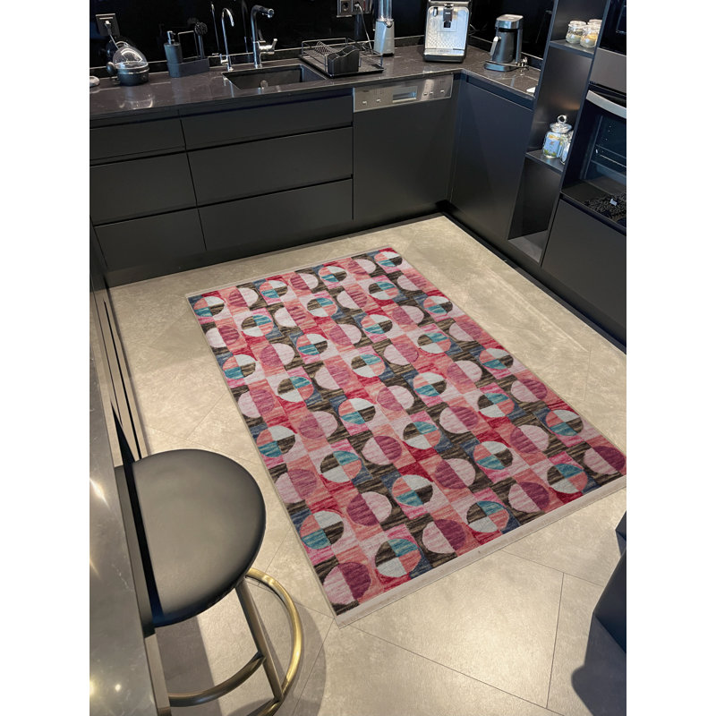 Pink-Themed Multi-Colored Geometric Patterned Fringed Vintage Decorative Rug, Rectangle 3'9.81" x 4'11.06"