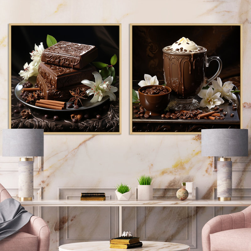 Cocoa Elegance Realism Expression - Ensemble de 2 collages carrés cacao, Cadre flottant brun, H 30 po x l 61 po