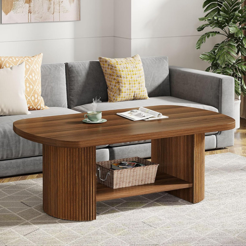 Table basse 45,27 po à 2 niveaux style rustique brun Mid-Century avec tablette de rangement pour le salon