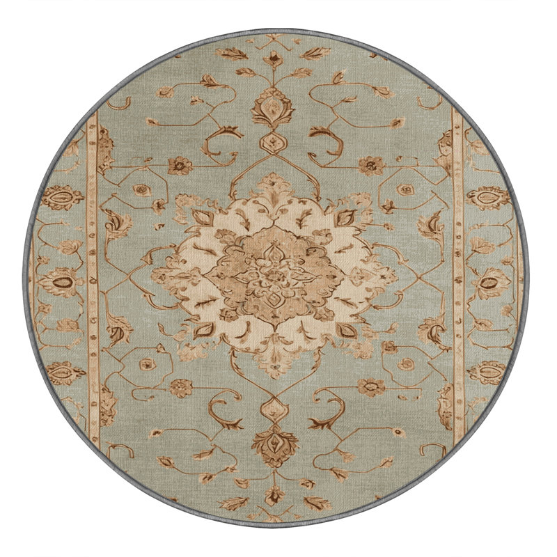 Machine Washable Tabriz Brown Area Rug, Round 7'