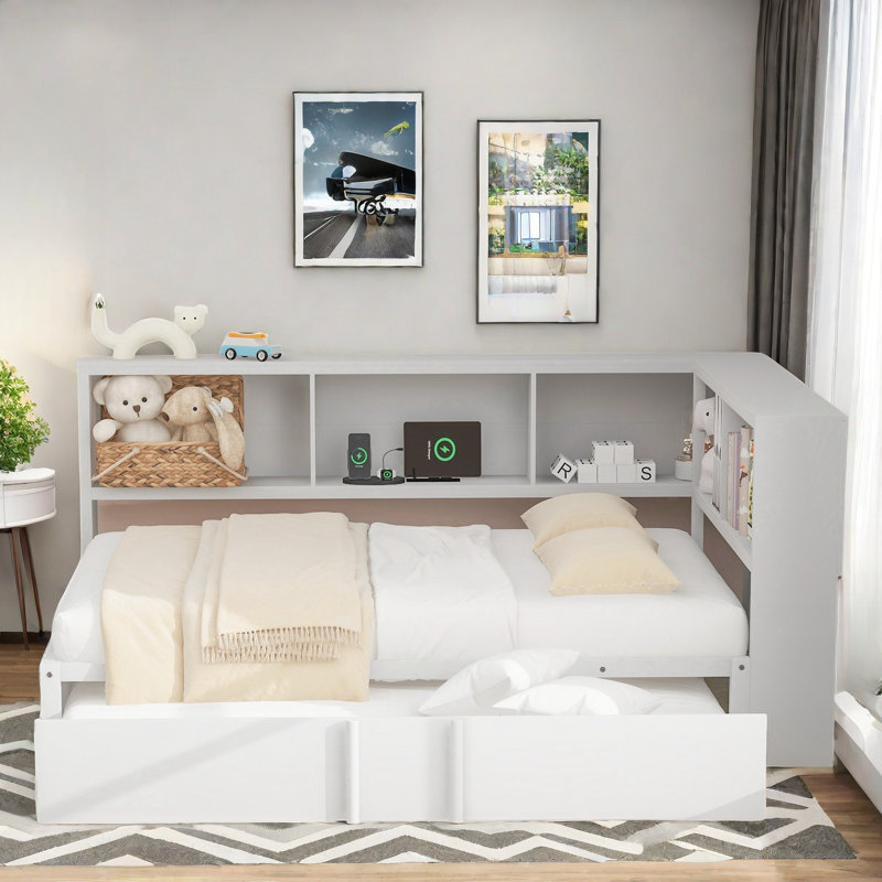 Metal Full Size Daybed With Trundle, Storage Cabinets And Usb Ports, White