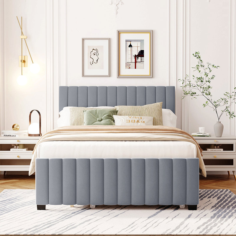 Lit plateforme double en velours avec lit gigogne, Gris