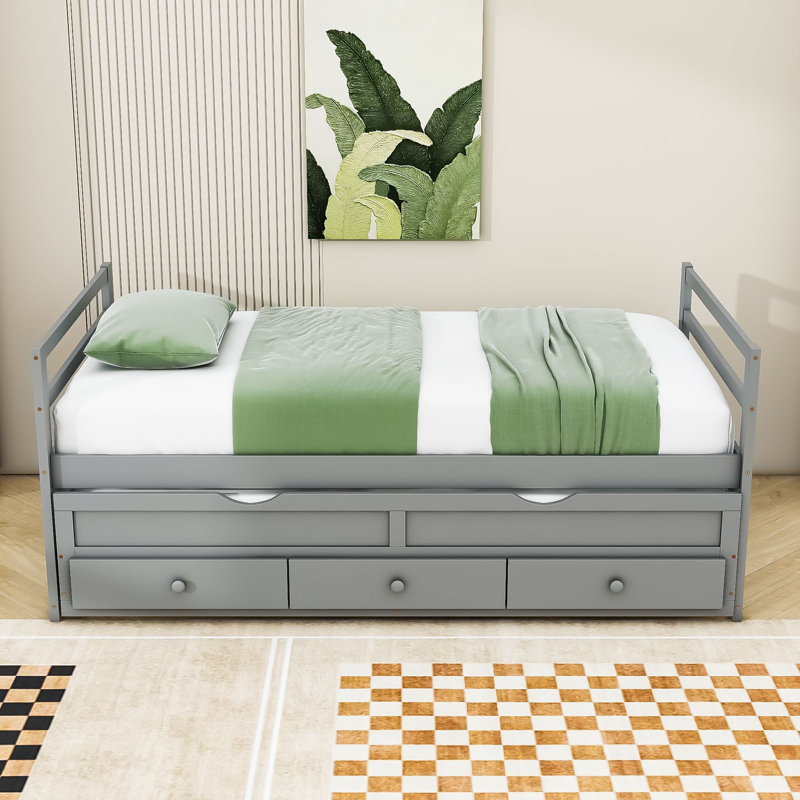 Lit plateforme simple en bois avec lit gigogne et 3 tiroirs, Blanc