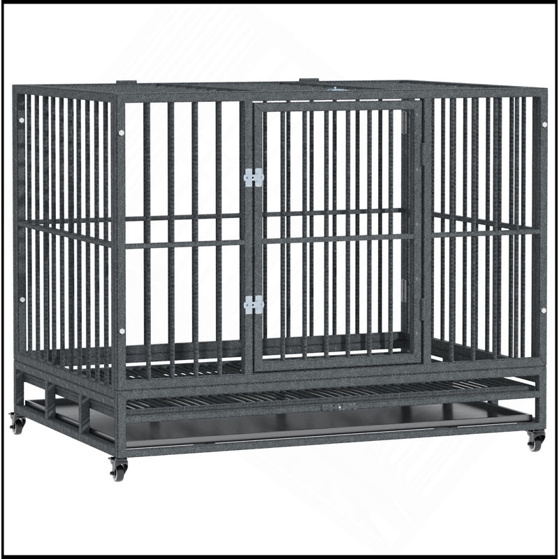 Chenil en cage 43 po en métal robuste avec roues verrouillables, porte double et plateau amovible, gris