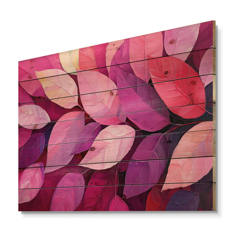 Magenta Leaves Blossom III - Leaves Wood Wall Decor - On Natural Pine Wood, 10" H x 20" W