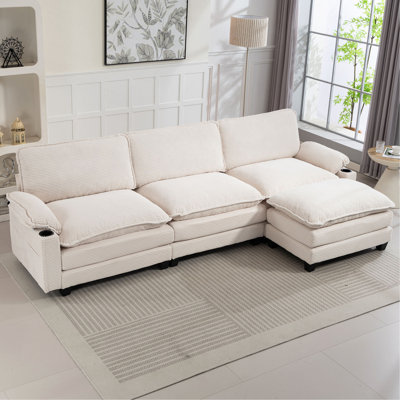 113" Modern 3+1 L-Shaped Corduroy Fabric Sofa,Modular Sectional Cloud Couch W/Ottoman,35D High-Resilience Sponge&Double-Layer Thick Cushion,Cup Holders,Storage Bags,Couches For Living Room,Apartment.
