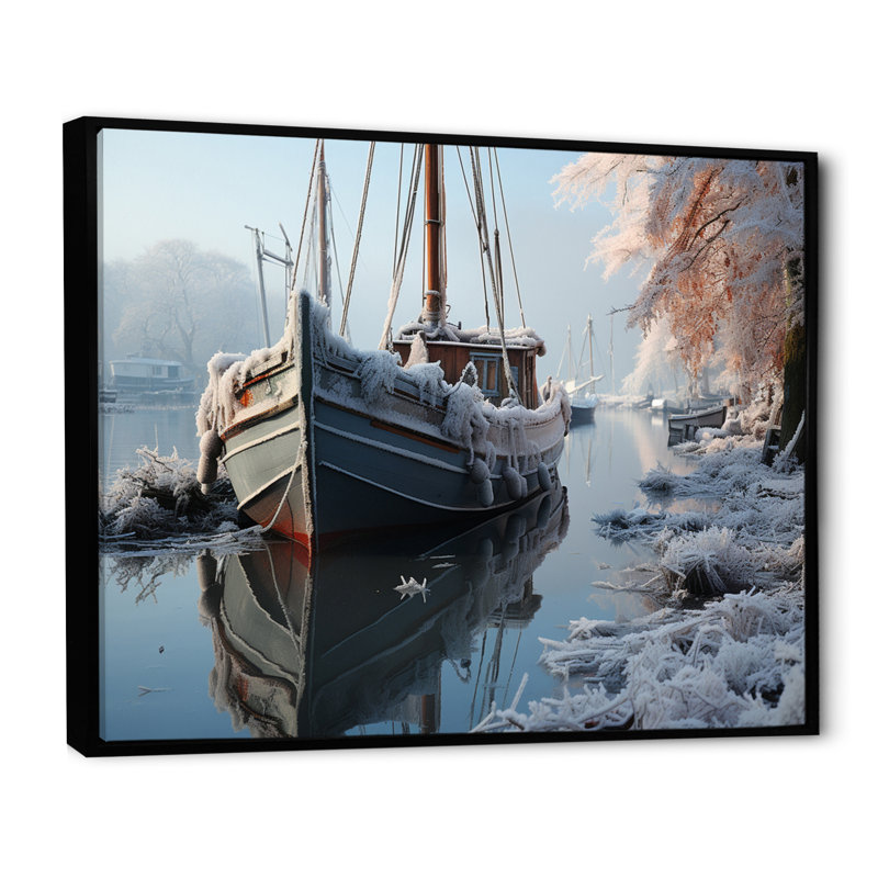 Icy Harbor Winter Landscape, reproduction d'art sur toile, Cadre flottant noir, H 30 po x l 40 po x P 1,5 po