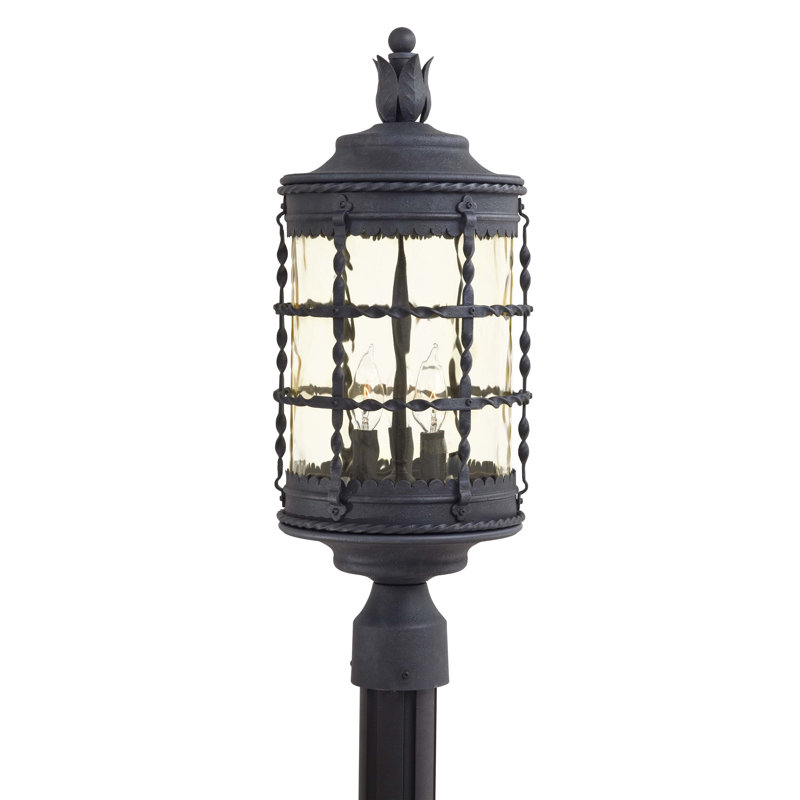 Puccio Stained Glass Lantern Head Post Lantern, Spanish Iron Textured Black Powder Coat