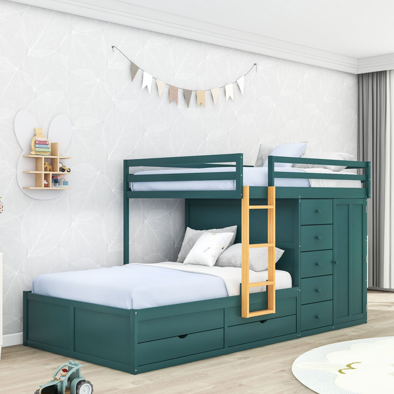 Lit superposé avec 2 grands tiroirs, 5 petits tiroirs et une petite armoire, Vert Morandi