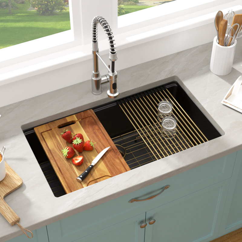 30" L x 19" W Quartz Undermount Workstation Granite Composite Single Bowl Kitchen Sinks Basin, Black