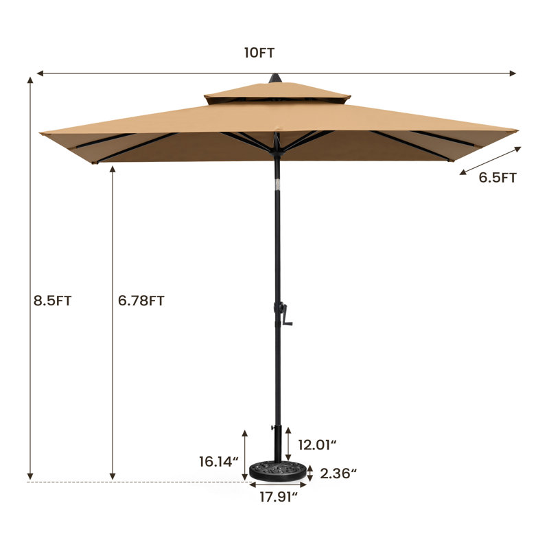 Parasol de marché rectangulaire de 116 po x 77 po avec base, Tanné