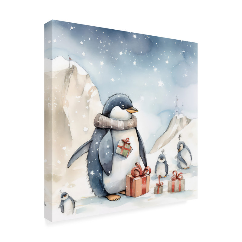 «Seasonal Penguin Presents», peinture sur toile encadrée, H 14 po x l 14 po x P 2 po