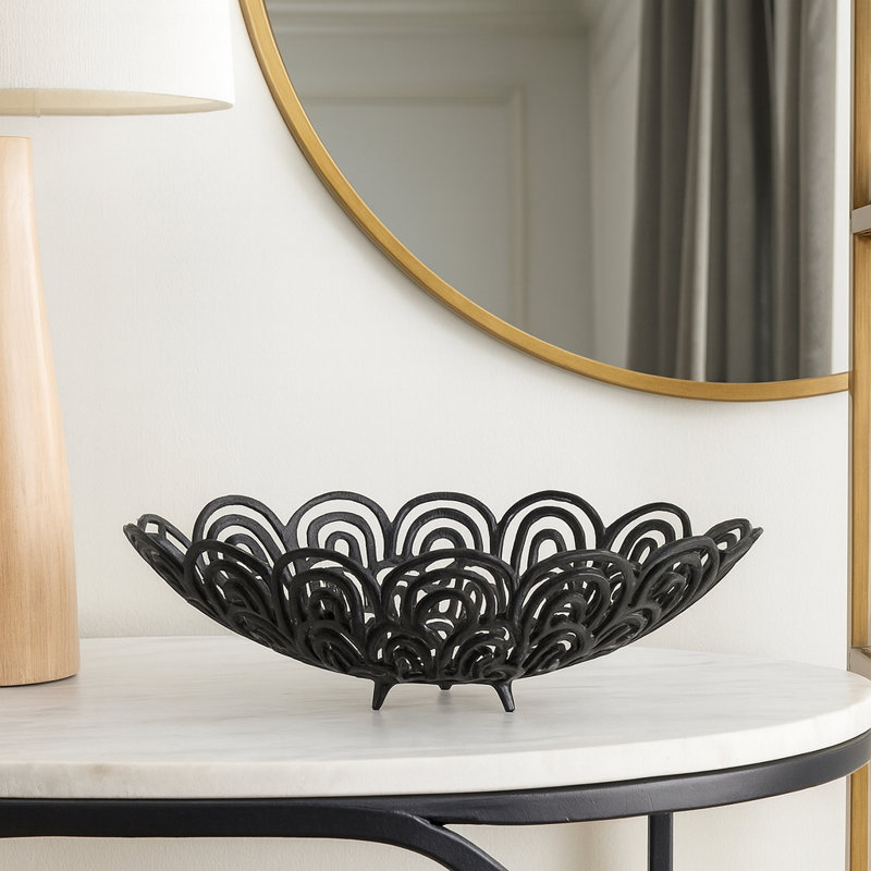 Bol décoratif décoratif en plumes de paon en aluminium fabriqué à la main en noir, H 6 po x l 19,5 po x P 9,5 po