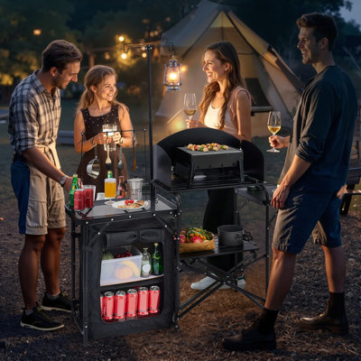 Camping Kitchen Table Portable Outdoor Cook Station Storage Windshield Aluminum