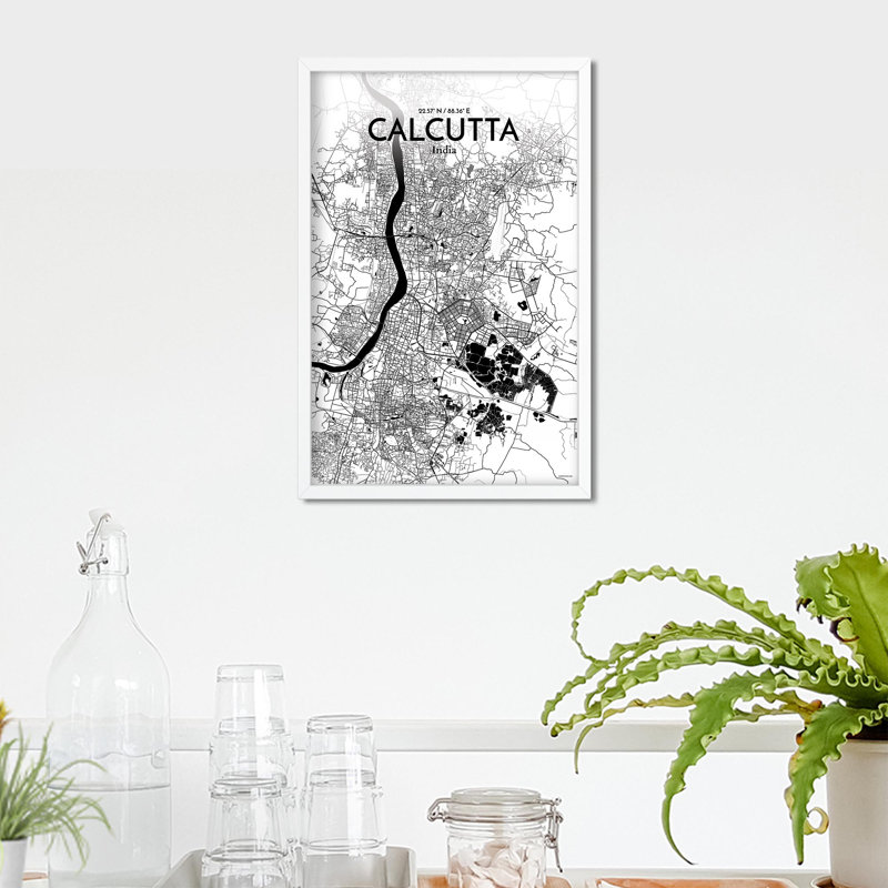 Calcutta City Map, impression, Noir et blanc, H 17 po x l 11 po x P 0,05 po