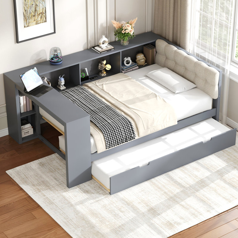 Lit plateforme en bois simple avec tablettes de rangement, lit gigogne, station de charge et tête de lit tapissier, gris