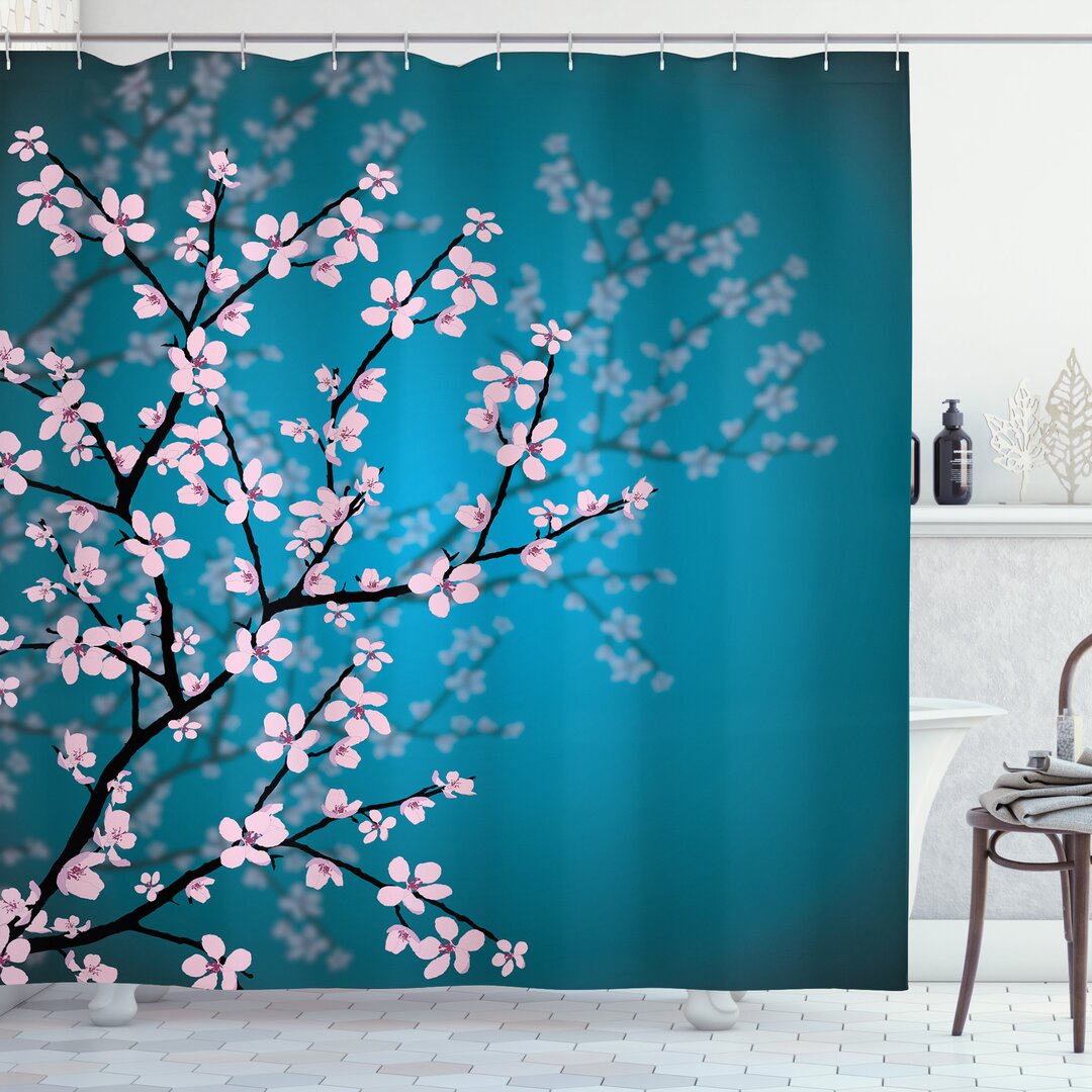 Duschvorhang, Sakura Bloom Muster, japanisch, Petrol Blau Hellrosa