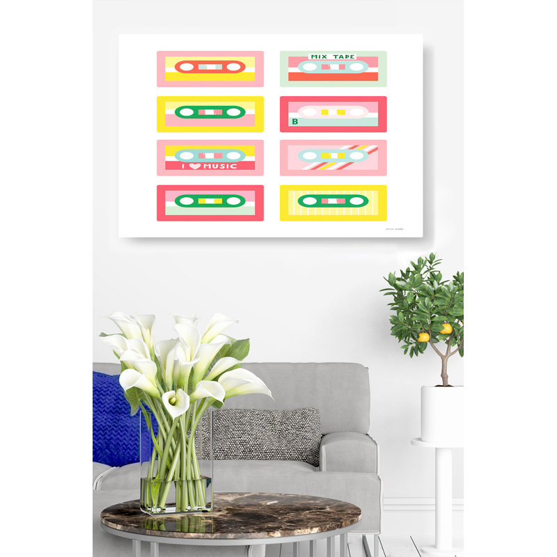 Cassettes, graphique, rubans, coloré, sur blanc, rouge, jaune, bleu sarcelle, cyan, rose, musique, rétro