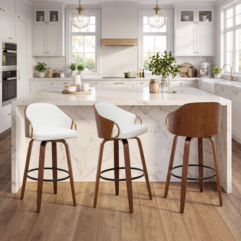 Ensemble de tabourets de bar pivotants en cuir Mahtab (disponibles en 3 ou 4 pièces), Beige, 3