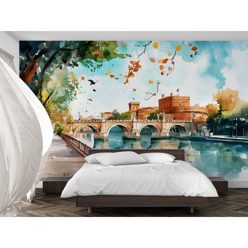 Papier peint pont et rivière Rome, Italie, Italie, L 145 po x l 100 po, Adhésif