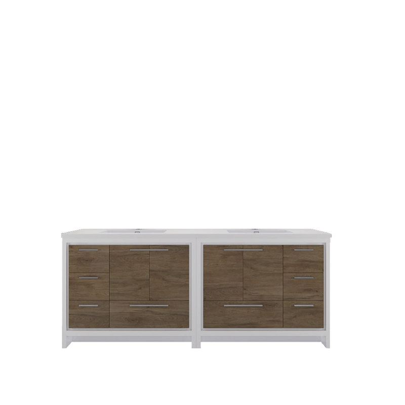 84" Double Sink Bathroom Vanity Set, Gloss White/Teak