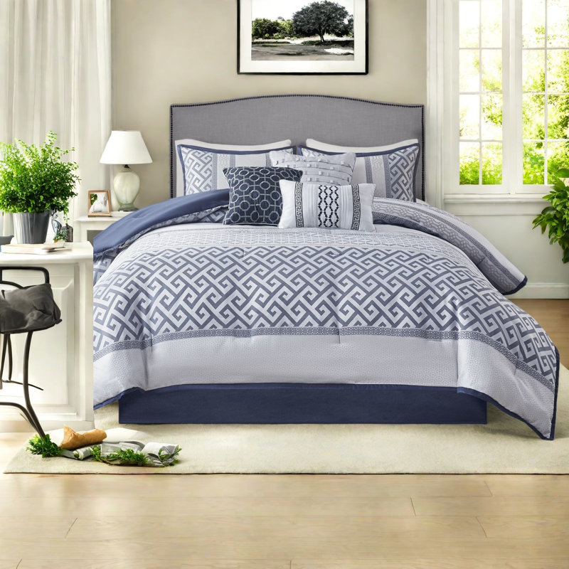 Ensemble de literie élégant en jacquard bleu marine 7 pièces, polyester confortable et charme traditionnel