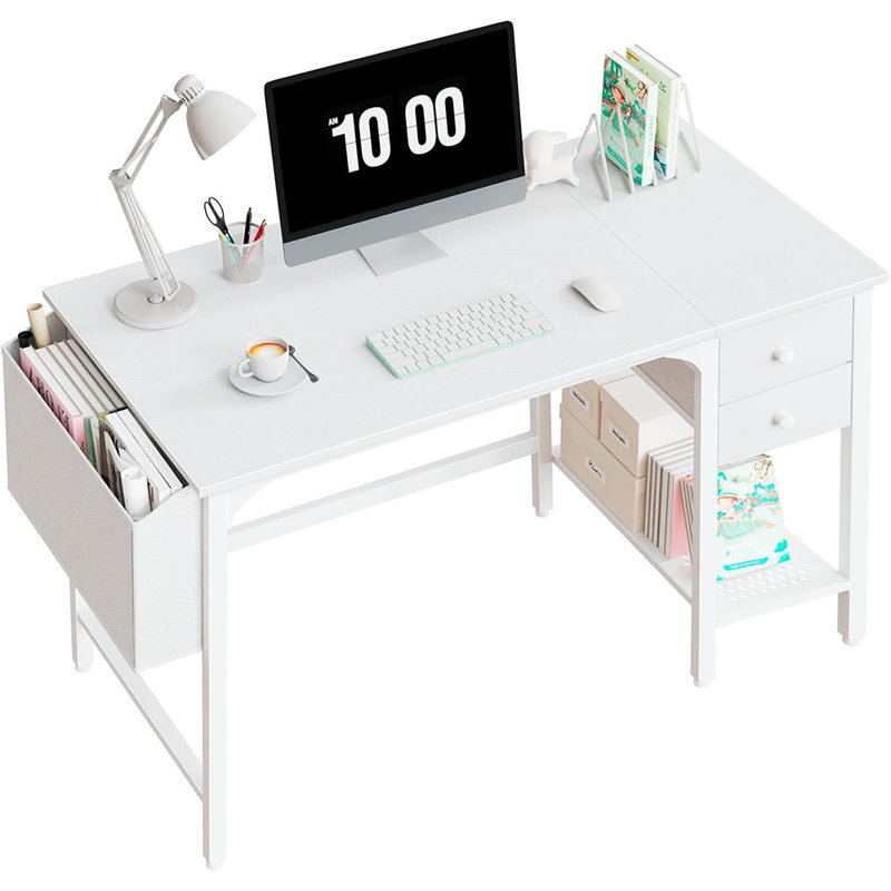 White Small Desk With Drawers - 40 Inch Computer Desk For Small Space Home Office, Modern Simple Study Writing Table PC Desks