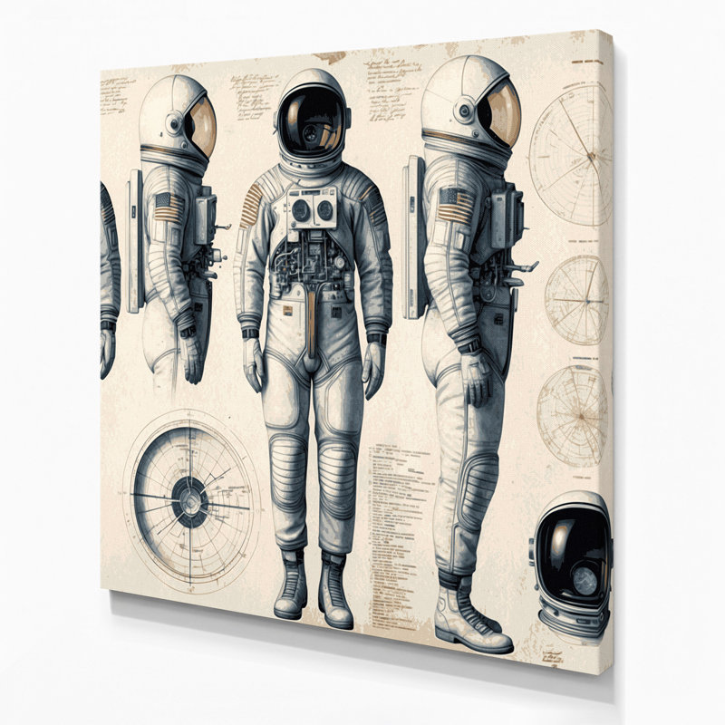 «Space Space suit», dessins techniques sur toile beige, H 12 po x l 12 po