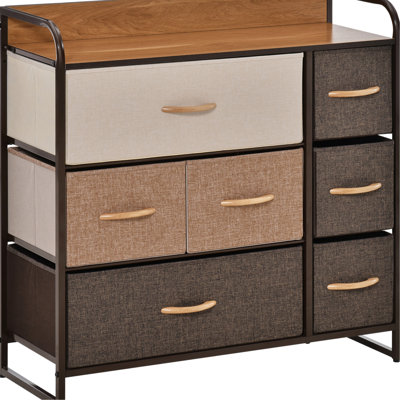Commode à 7 compartiments : optimisez l'espace de votre chambre. Tiroirs en tissu, structure en acier. 3 petits tiroirs à chaussettes. Pliable et stable. 80 cm L x 29 cm P x 79 cm H. Marron. Améliorez votre rangement. Étagère en bois. Rangement portable.