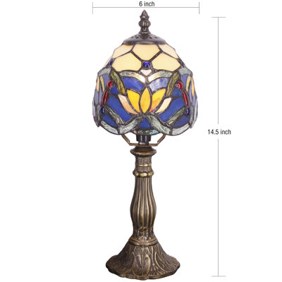 Small Tiffany Lamp Mini Stained Glass Accent Table Lamp Blue Yellow Lotus Style 6X14.6 Inch