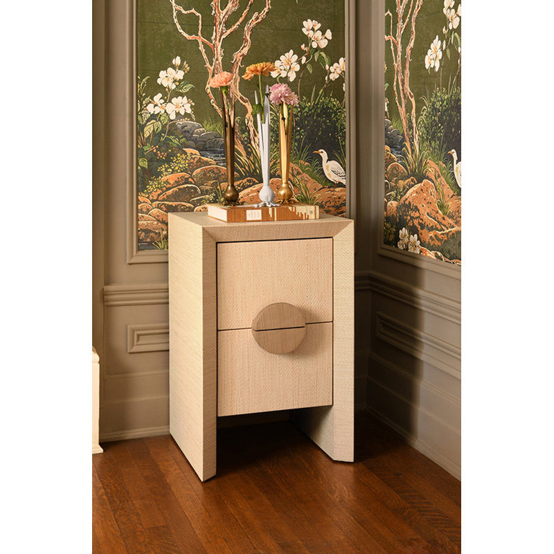 Two Drawer Small Side Table In Natural Grasscloth With Cerused Oak Handles, Black
