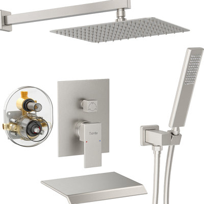 Système de douche mâle NPT, pomme de douche à pluie de 12 pouces avec douchette à main, ensemble de robinet de douche mural pour salle de bain (ensemble de valve de douche à pression équilibrée inclus)