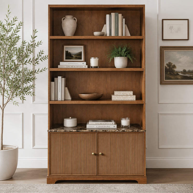 Bibliothèque de 91 po de hauteur avec portes cannelées et tablettes de présentation, Walnut