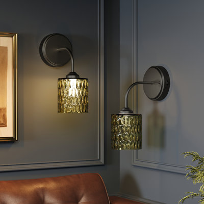 Ensemble de 2 appliques murales noires rechargeables avec abat-jour en verre texturé, lumières murales à DEL à intensité variable sans fil avec télécommande