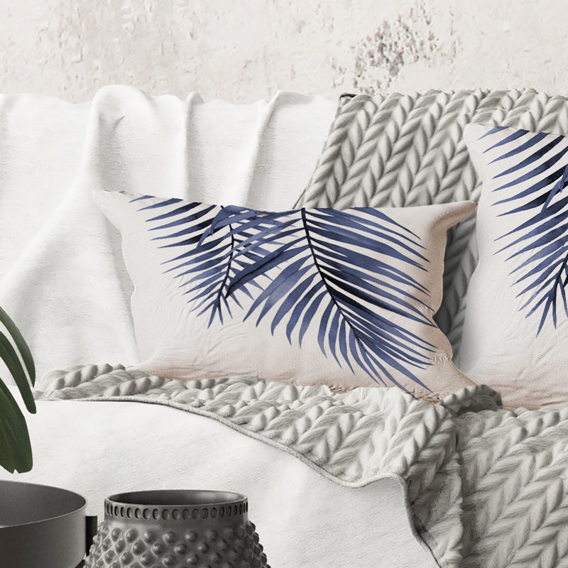 Rectangle, feuilles de palmier bleu, branches tropicales abstraites - coussin décoratif traditionnel