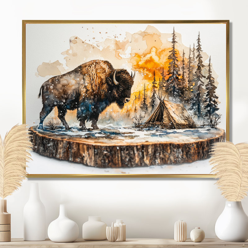 Bison in Winter Forest Landscape I - Bison, art mural, H 30 po x l 40 po, Cadre flottant, Doré