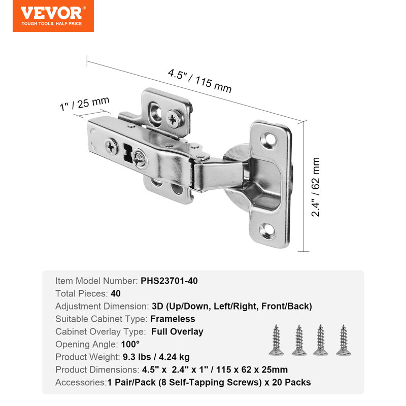 Cabinet Door Hinges Full Overlay Soft Close for Frameless Type, 40