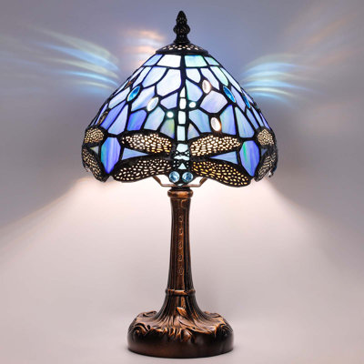 Petite lampe de table de chevet Tiffany, réglable à 3 températures de couleur, abat-jour de style libellule bleue et table de chevet à motif de feuille antique avec base en relief pour la bibliothèque de la chambre à coucher