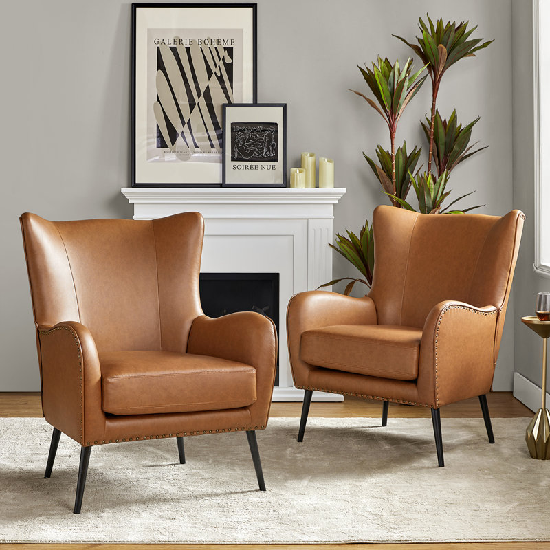 Atalyia 30'' Wide Wing Back Armchair, Camel Vegan Leather
