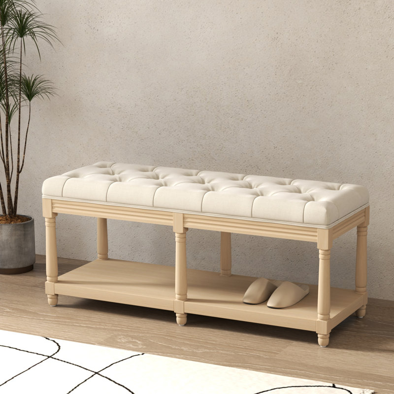 Banc de 47 po de large pour hall d'entrée rembourré avec coussin touffeté et tablette de rangement, beige