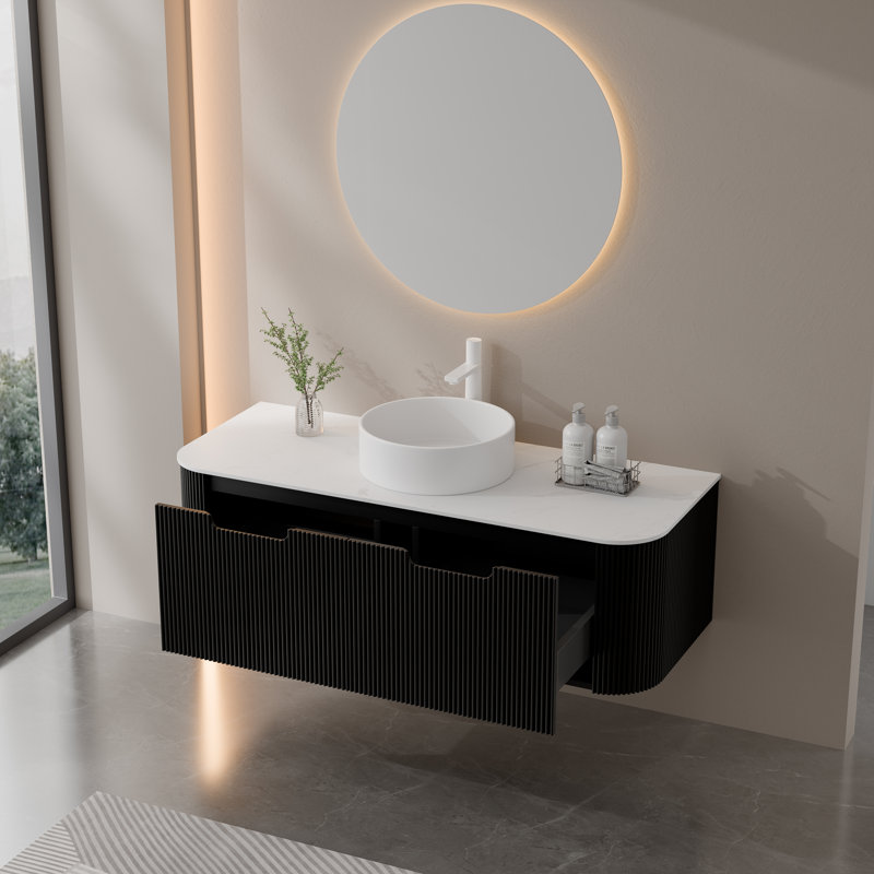 Meuble-lavabo mural 48 po avec lavabo, armoire flottante incurvée avec façade à rayures 3D et vasque en céramique blanche - bois naturel / noyer foncé / noir mat