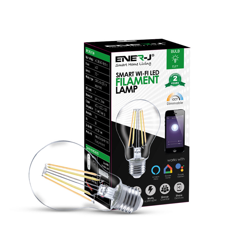 Ener-J Smart WiFi LED Filament A60 Bulb E27 Pack of 3 CCT Dimmable 8.5W