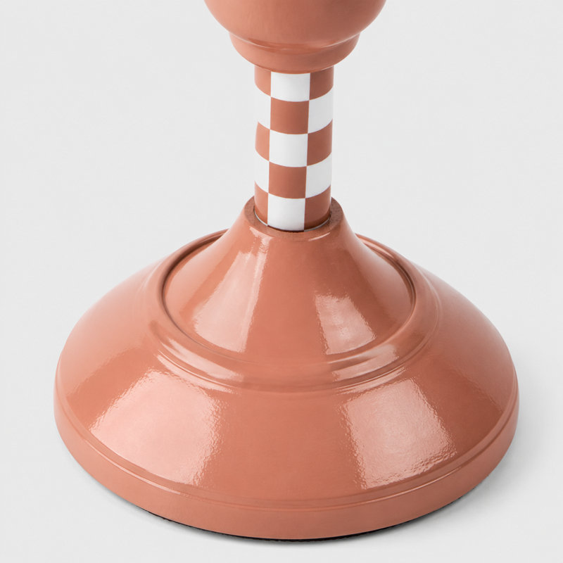 Dusty Pink Checkered Aluminum Taper Candle Holder, 7.75" H x 4.25" W x 4.25" D