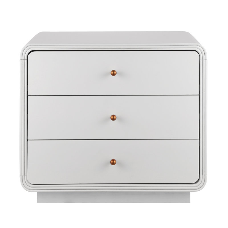 Lyra Modern 3-Drawer Nightstand With Curved Edges And Antique Gold Handles, Ivory White